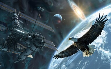 An eagle flying past a space station with an exoplanet and a bright quasar in the background, symbolizing freedom and exploration