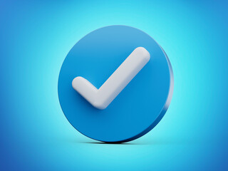 3d shiny blue light with rounded blue icon and white check mark on blue background 3d illustration