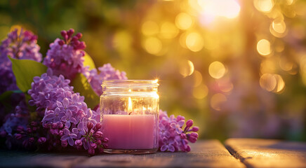 Obraz na płótnie Canvas A tranquil scene with a lit candle in a jar among purple lilac blossoms, with a warm, golden sunset light in the background