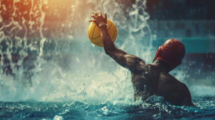 Water polo player reaching the ball in swimming pool - obrazy, fototapety, plakaty
