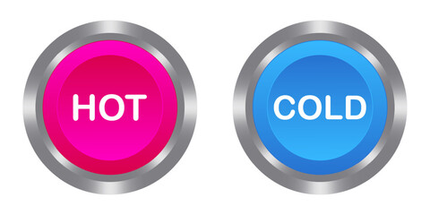 Hot Cold pink and blue buttons with metal base. Push, press, control, manipulation, key, knob. Temperature regulation, caution, surface, water, air, plumbing, conditioner, climate, refrigerator