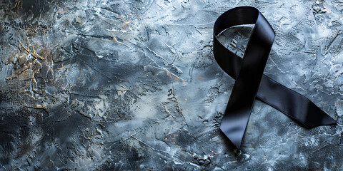 Black ribbon on dark background banner with copy space - obrazy, fototapety, plakaty