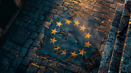 European Union flag painted on ground of Europe city street , EU membership concept image background - obrazy, fototapety, plakaty