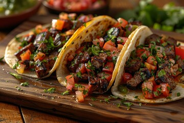 mouth-watering tacos on a wooden plate - close-up food photography
