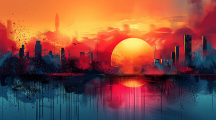 abstract digital art, technology, creativity, geometric shape, physical,, connectivity, digitalization, futuristic landscape, vibrant color, lunarpunk, luminous sphere, rusty debris, solarizing master