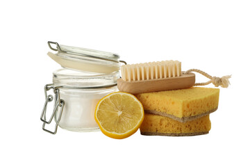 PNG, Jar, lemon, sponges and brush, isolated on white background