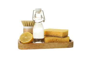 PNG, Bottle, lemon, sponges and brush, isolated on white background