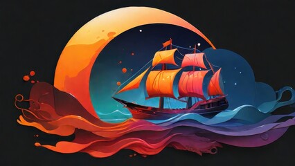 ship with moon in sea illustration