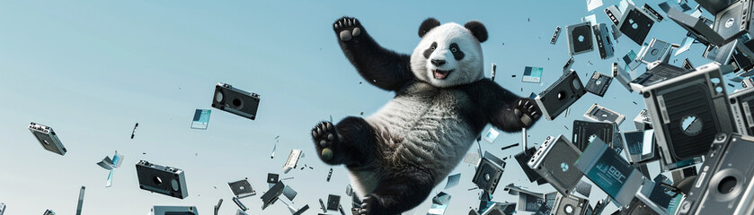 Joyous panda jumping, cassettes floating in air around 3d render - obrazy, fototapety, plakaty
