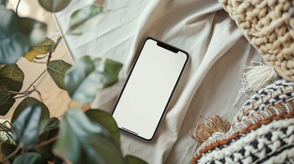 iphone on table, mock up, boho decor, cozy interior.