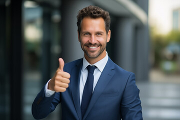 Happy young businessman showing thumbs up gesture.