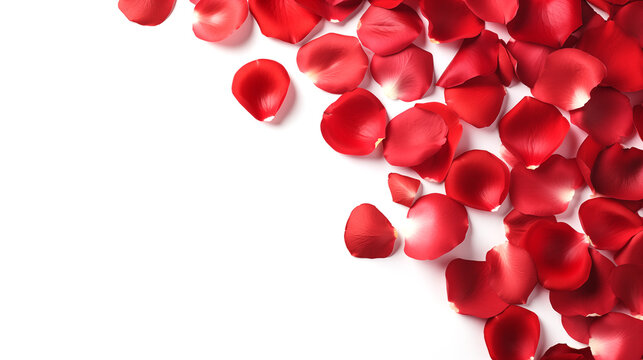 Red rose petals on white background