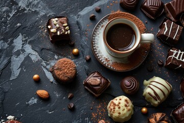 Chocolate Sweets on Natural Black Stone with White Coffee Cup. Background. Scattered Chocolates