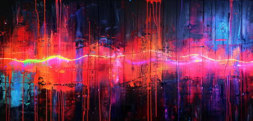 Vivid neon light streams over grungy red and blue paint streaks.