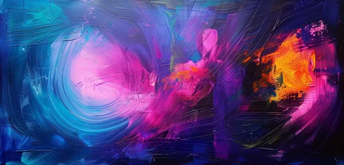 Photo sur Plexiglas Mélange de couleurs A dynamic swirl of neon paint on a textured blue and pink background.