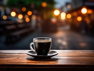 Obraz premium Fresh Black Coffee in Outdoor Cafe, Coffee Cup in Coffeeshop City, Black Coffee on Restaurant Table