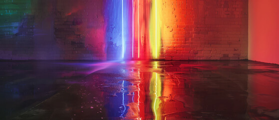 Colourful neon paint streaming down a brick wall with reflection in water.