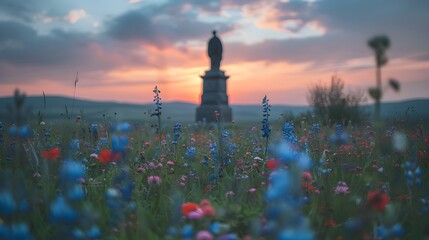 Statue in a Field of Flowers at Sunset