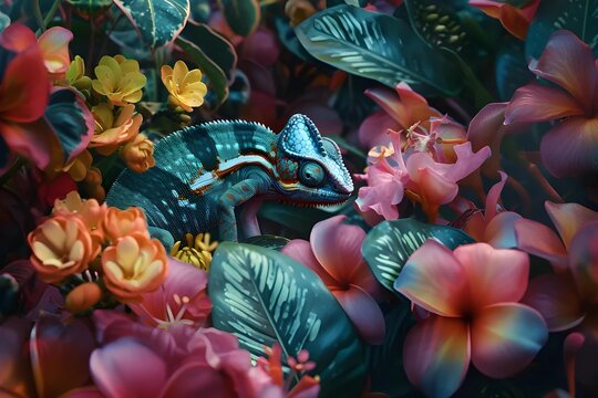 A camouflaged chameleon changes colors among tropical flowers, showcasing nature's adaptation and the exquisite beauty of its camouflage.