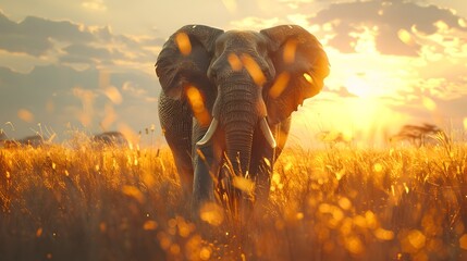 Large Elephant Walking Through Grassy Field at Sunset - obrazy, fototapety, plakaty