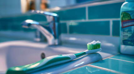 Closeup of the plastic toothbrush with toothpaste gel, placed on the bathroom sink. Oral or dental hygiene and teeth health equipment and instrument. Refreshment and wellness, grooming accessories