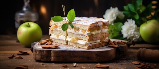 A piece of apple chiffon biscuit cake sits atop a rustic wooden cutting board, showcasing layers of moist sponge cake and fruity apple flavors.