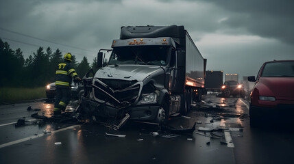 Highway Emergency Response at a Severe Car and Semi-Truck Collision Scene - obrazy, fototapety, plakaty