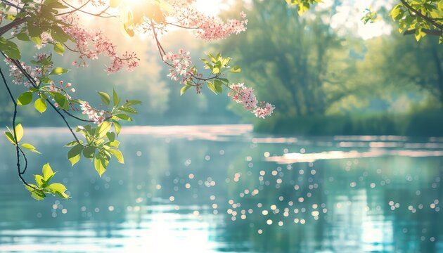Ethereal mist swirling in lilac and green over tranquil pond reflecting sky colors in spring scenery