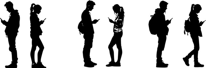 Portrait of happy smiling young woman with smartphone wearing black coat, round hat, sunglasses isolated on white background,black and white