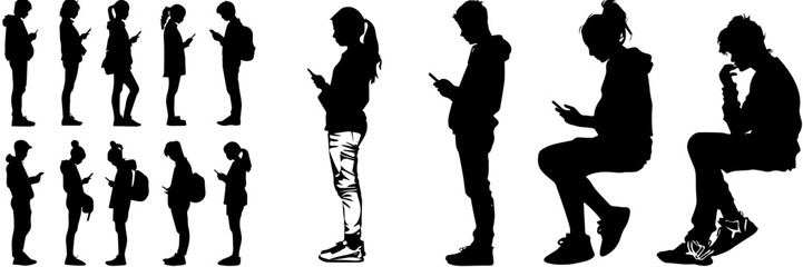 Portrait of happy smiling young woman with smartphone wearing black coat, round hat, sunglasses isolated on white background,black and white