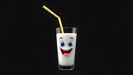a cartoon character with happy face funny a glass milk on black background. a glass of milk cartoon. healthy milk concept