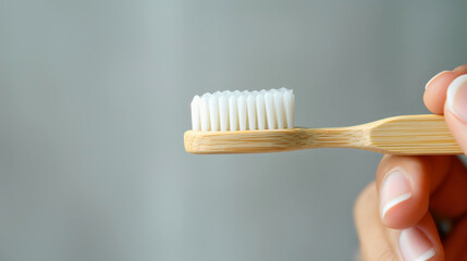 Closeup of a woman's hand holding the natural wooden toothbrush. Oral or dental hygiene and teeth health equipment and instrument. Refreshment and wellness, grooming accessories, plastic free