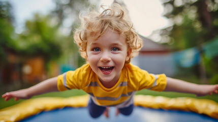 Fototapeta na wymiar Closeup of the happy toddler boy with curly blonde hair, flying in the air, jumping on the trampoline outdoors in his backyard, childhood leisure time activities on a sunny summer day outdoors