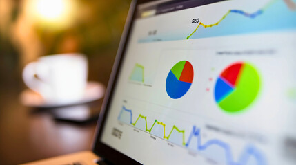 Closeup screen of the laptop or notebook device, displaying the colorful website traffic metrics, graphs and analytics for the ranking of the blog on the internet or web online,seo visitors statistics