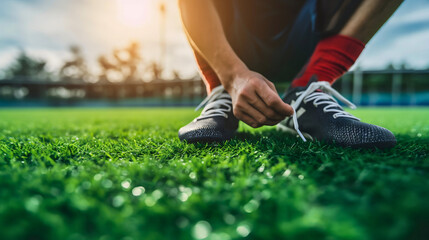 Closeup of the male football or soccer player, footwear young man tying his white shoes, boots or sneakers on the grass field outdoors on a sunny summer day - obrazy, fototapety, plakaty