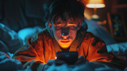 A boy, consumed by phone addiction, lies exhausted in bed, using her smartphone late at night