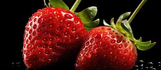 Two vibrant strawberries glisten with dewy droplets as they sit on a sleek black surface in a studio setting.