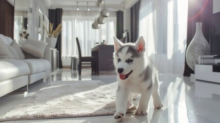 six week old husky puppy playing in a spacious living room - obrazy, fototapety, plakaty