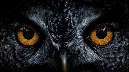 closeup of orange eyes of an owl on dark black background