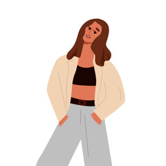 Young Stylish Woman in Trendy Clothes in Modern Style. Fashion Outfit. Flat Vector Illustration Isolated on White Background.