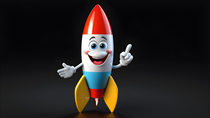 a cartoon character with a happy face funny a rocket on a black background. cartoon rocket with black copy space