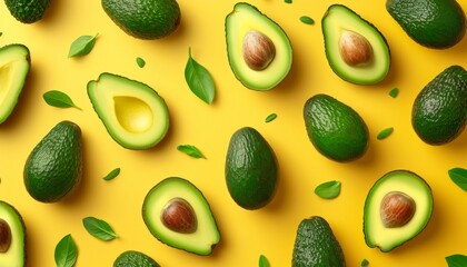 Vibrant abstract avocado pattern with fresh sliced avocados for banners and wallpapers
