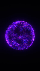 Vertical black background 8K 9:16 with glowing purple, blue, lavender particles in shape of sci-fi sphere. Hi-tech 3D globe ball. Cyber space, technology, satellite Internet, connection, digital era