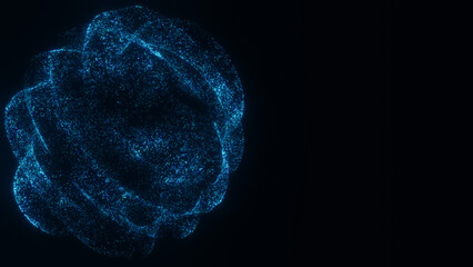 Abstract futuristic black background 8K 16:9 with glowing blue particles in shape of sound waves spheres. 3D rendering. Bundle of energy. Hi-tech, business connection, digital technology illustration