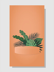 Abstract background in trendy color 2024 "Apricot Crush" with tropical leaves and one stands (podium, pedestal).