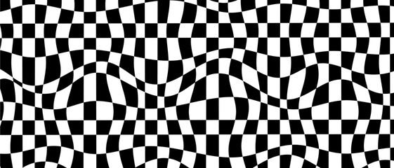 Black and white checkered background with distortion effect. Distorted chess board. Print, optical illusion, monochrome, abstract geometric pattern. Vector illustration