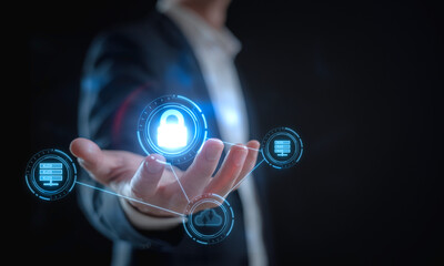 Cyber security concept.digital processing biometric identification to access security system includes internet banking, cloud system and mobile phone