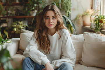 young woman sitting on a sofa looking at camera at home