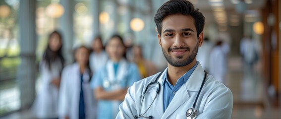 Fototapeta premium Medical, a male doctor stands with his arms crossed, in a sanjing style