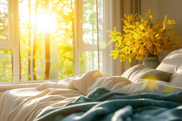Cozy bedroom with yellow flowers and morning sun from window